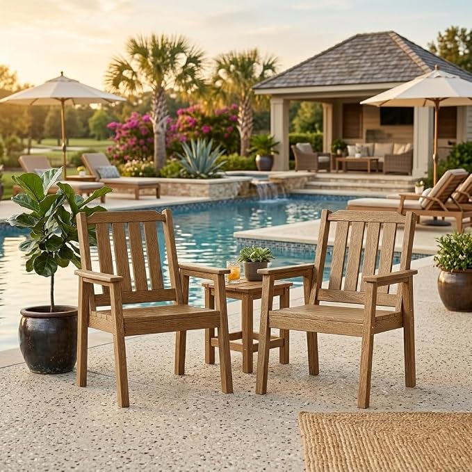 IDEALHOUSE Outdoor Patio Dining Chairs Set of 2, Heavy Duty HDPE Garden Seating with Sturdy Weather-Resistant Frame, Comfortable Wide Seat and Back, Waterproof for Backyard or Poolside, Brown