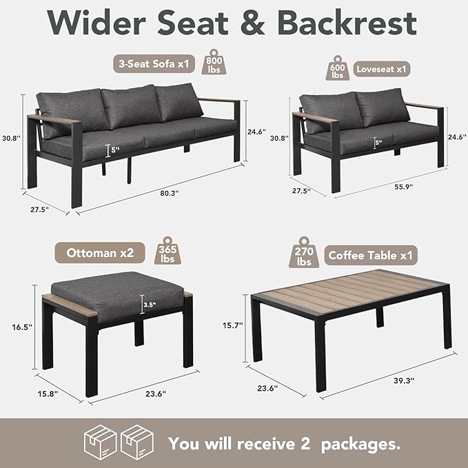 Outdoor Patio Furniture Set 5 Pieces Luxury Aluminum Patio Conversation Set with Coffee Table and 2 Ottoman 7 Seats, Thick Cushions, Large Sectional Sofa for Porch, Balcony, Yard, Dark Gray