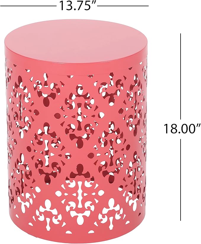 14" Cylindrical Side Table with Floral Iron Cut, Stylish End Table with Powder-Coated Iron, Practical Accent Table with No Assembly for Outdoor Patio Garden, Coral