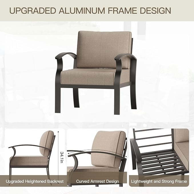 Aluminum Patio Furniture Set with 55,000 BTU Propane Fire Pit Table, 4 Seats Metal Modern Outdoor Furniture w/5.1" Cushions, Sectional w/Swivel Chairs for Backyard, Sand