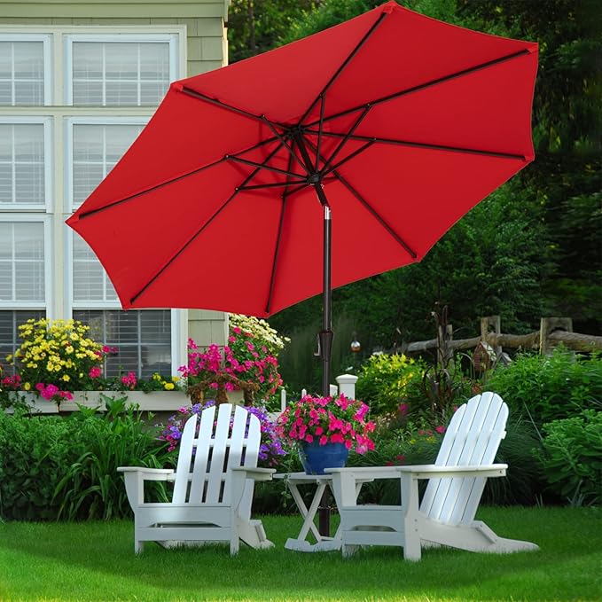MEWAY 10ft Patio Umbrella Large Market Outdoor Garden Table Deck Pool Backyard Fishing Sunshade Umbrella with Push Button Tilt, Crank and UV Protection(10 ft, Red)