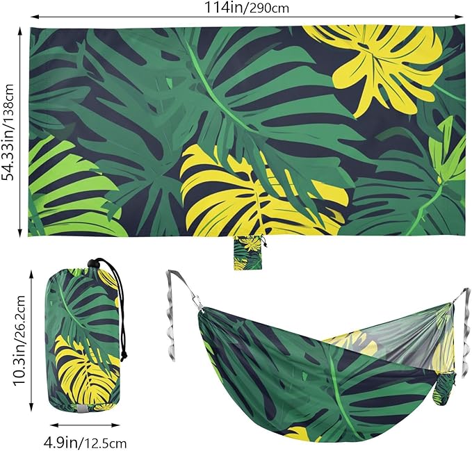 Tropical Leaves Illustration Green Hammocks with Hanging Rope Hanging Hammock for Indoor Outdoor Patio