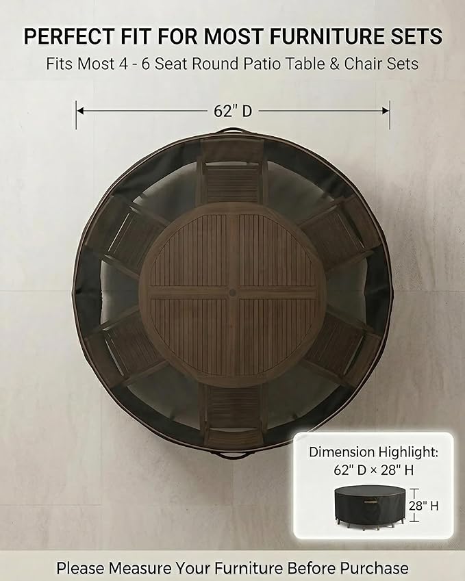 Round Outdoor Patio Furniture Cover, Heavy Duty 600D Waterproof Cover for Table & Chair Set or Sofa Set Covers, Windproof,UV Resistant, All-Season for Backyard,Deck,Garden,62" L x 62" W x 28" H,Black
