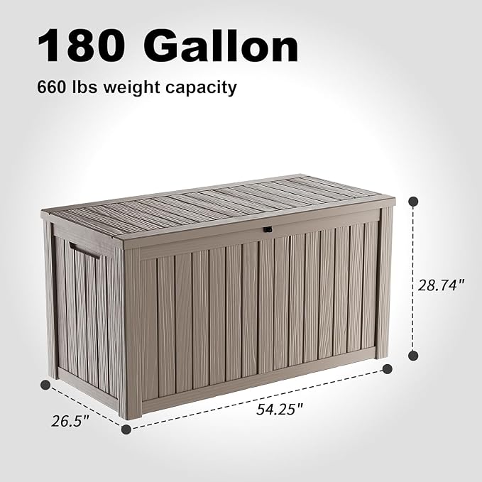 180 Gallon Outdoor Deck Box, Waterproof Lockable Resin Storage Box, Heavy Duty Organizer with Lid for Patio Cushions, Garden Supplies(Grey)