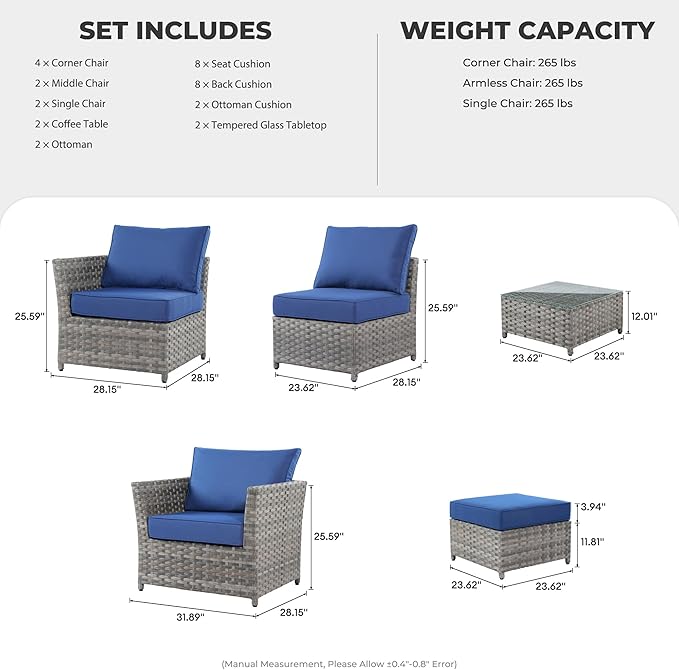 12 Pieces Outdoor Furniture Patio Sectional Sofa Couch Gray PE Wicker Conversation Sets with Ottomans Glass Coffee Table for Garden Poolside Backyard