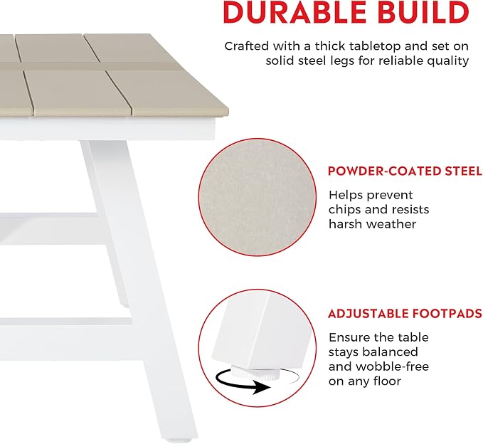 Costaelm Stinson 7-Piece Outdoor HDPE Patio Dining Table Set with Umbrella Hole & Dining Chairs for 6, Sand