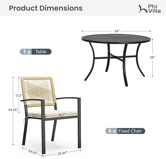 PHI VILLA Outdoor Dining Set for 4, 54" Round Table, Wicker Chairs | Outdoor Dining Set for 6, Round Patio Dining Table Set with Patio Wicker Chairs for Garden, Porch, Deck