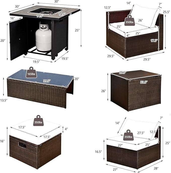 COSTWAY 9 Piece Patio Furniture Set with 30'' Fire Pit Table, Outdoor Wicker Rattan Sectional Sofa Set with 4'' Thickened Cushions, 2 Coffee Tables and 2 Ottomans for Poolside Backyard (Black)