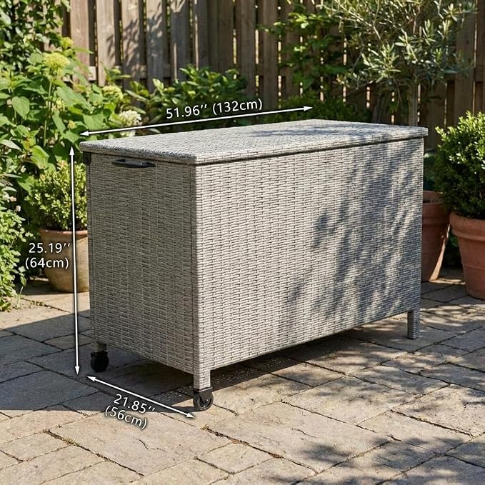 GarveeLife Outdoor Wicker Storage Box, PE Rattan Patio Storage Chest with Steel Frame, Weather-Resistant Deck Storage Box for Cushions, Garden Tools & Pool Accessories – Gray Wicker