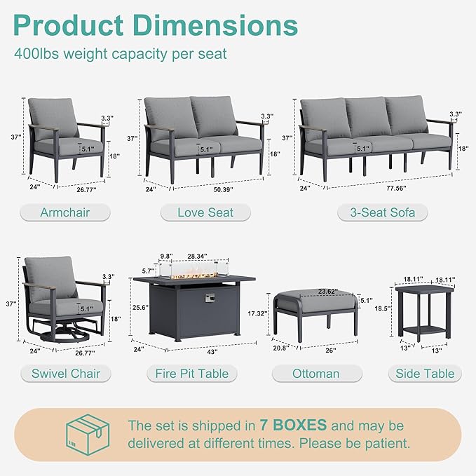 11-Seat Outdoor Patio Furniture Set with Rocking Swivel Chair, Aluminum Sectional Sofa with Ottomans Patio Conversation Set with 55,000 BTU Fire Pit Table & High Backrest, Grey