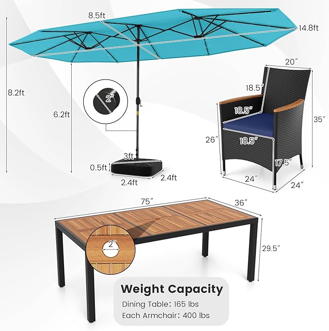 Tangkula 11 Pieces Patio Dining Set with Double-Sided Led Patio Umbrella (Base Included), with 8 Stackable Chairs, Acacia Wood Dining Table and Large Umbrella with Solar Lights (Turquoise + Navy)