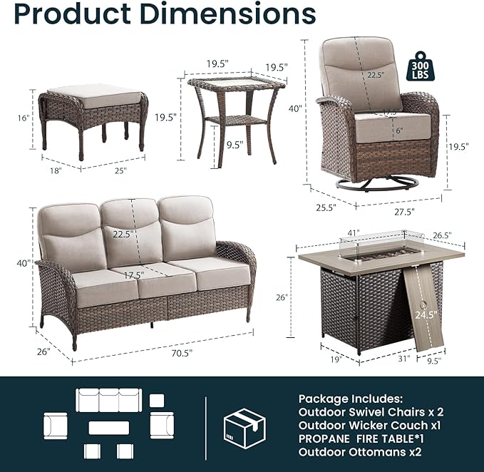 High Back Luxury Patio Furniture Set with Fire Pit Table, 6-Inch Cushion Swivel Rocker Patio Chairs with Outdoor Couch, 7 Piece Wicker Conversation Set for Deck Yard Garden Balcony Beige