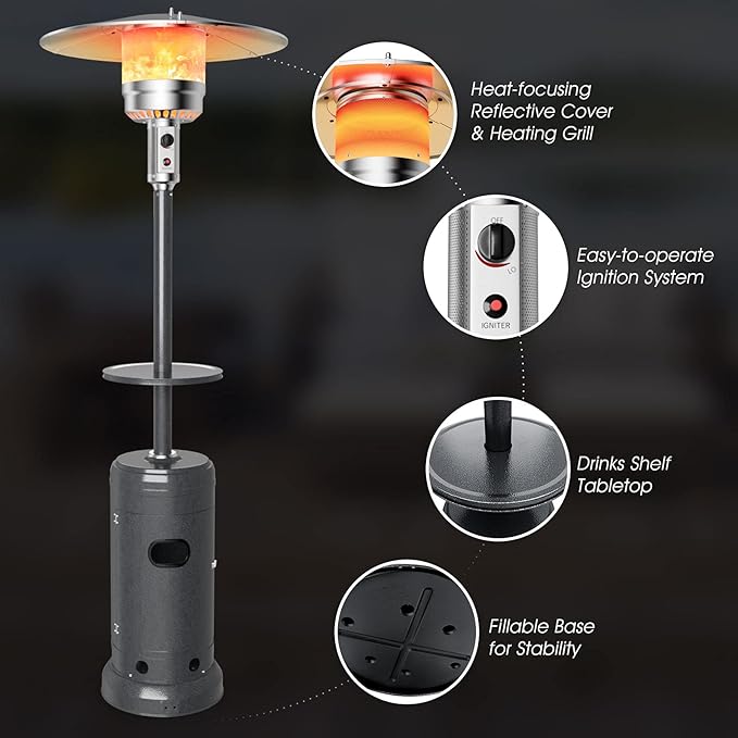 S AFSTAR 48000 BTU Outdoor Patio Heater, Portable Propane Heater w/Drink Shelf Tabletop, Wheels, Base Reservoir, 87-inch Tall Standing Heating Lamp Tower for Garden Veranda Porch Party (Grey)