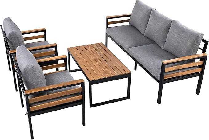 4-Piece Patio Set, Outdoor Furniture Sofa Set for 5 People with Acacia Wood Armrests, Conversation Set with Solid Wood Coffee Table, 2 Single Chairs, 3-Seater Sofa for Garden and Backyard (Gray/453)