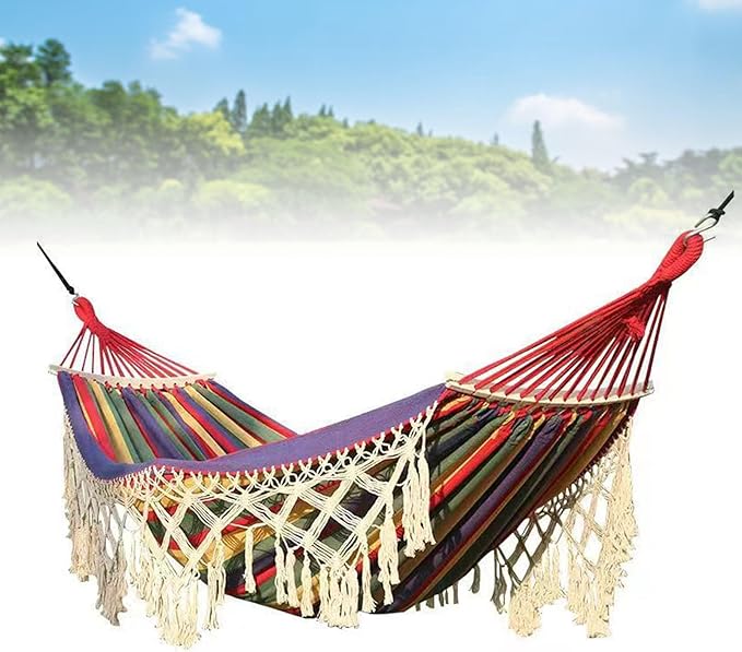 Backyard Hanging Hammock with Tassels, 500lb Load Capacity, Single Double Size 102x59in - Lightweight Foldable Outdoor Cotton - Polyester Blend for Garden, Patio, Camping Relaxat (Red)