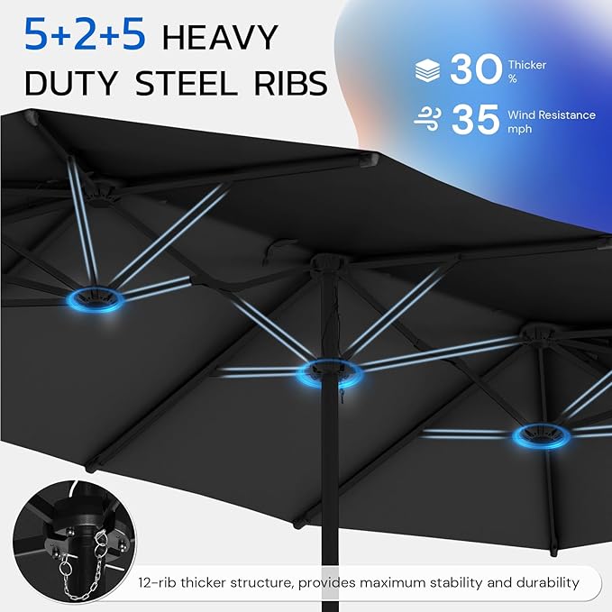 AECOJOY 15x9ft Patio Umbrella with Base Included, Outdoor Double-Sided Rectangle Umbrella with Crank Handle, Market Umbrella for Deck Pool Patio Garden(1.9" Pole, Black)