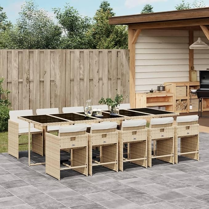 11-Piece Patio Dining Set with Cream Cushions Beige Poly Rattan Outdoor Furniture Set for Garden Backyard Balcony Porch