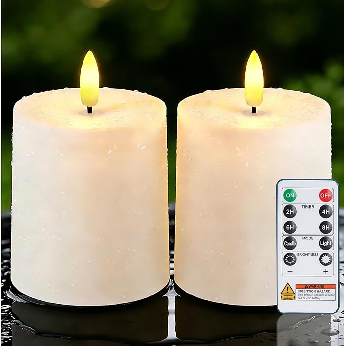 Raycare 3"x3.5" White Outdoor Waterproof Flameless Candles with Remote and Timer, Realistic LED Candles, Battery Operated Electric Fake Pillar Candles for Porch, Patio, Garden, Set of 2
