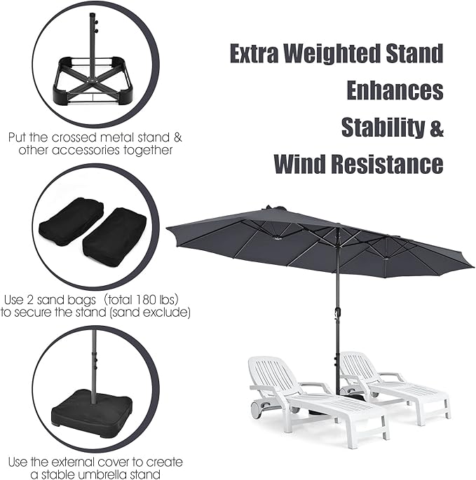 Tangkula 15FT Double-Sided Patio Umbrella, Outdoor Market Umbrella W/Hand-Crank System & Enhanced Base, Ultra-Large Twin Garden Umbrella W/ 12-Rib Structure for Residential & Commercial Use (Gray)