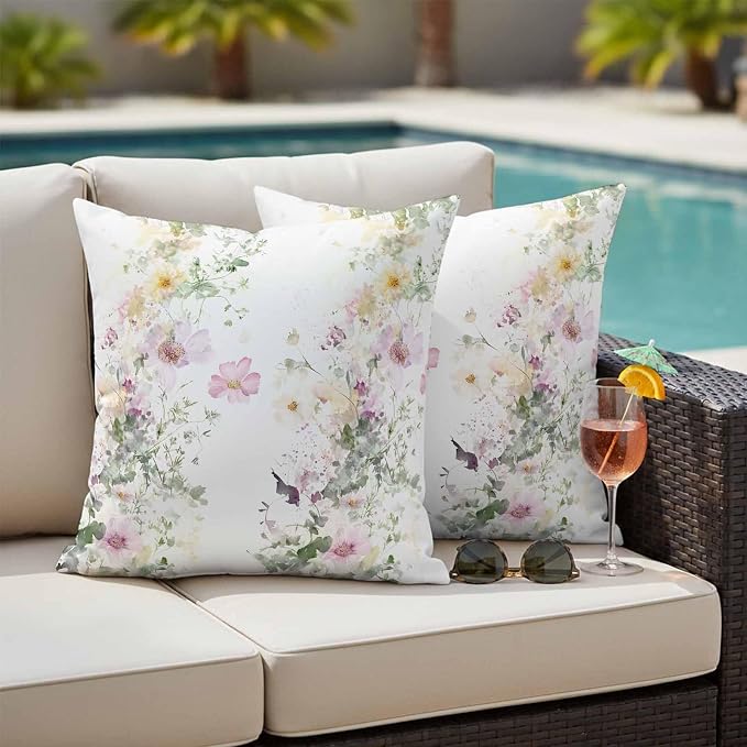 Watercolor Flowers Outdoor Waterproof Throw Pillow Covers Set of 2, 26"x26", Spring Retro Floral Purple Green Yellow Decorative Pillow Covers Outside Cushion Case for Patio Porch Garden