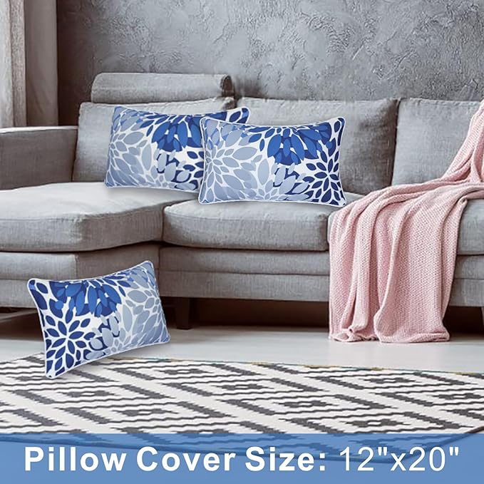 JMGBird Outdoor Lumbar Pillows 2-Pack Waterproof 12x20 Throw Pillows with Inserts - Blue & White Space Pattern UV Fade Resistant Patio Cushions