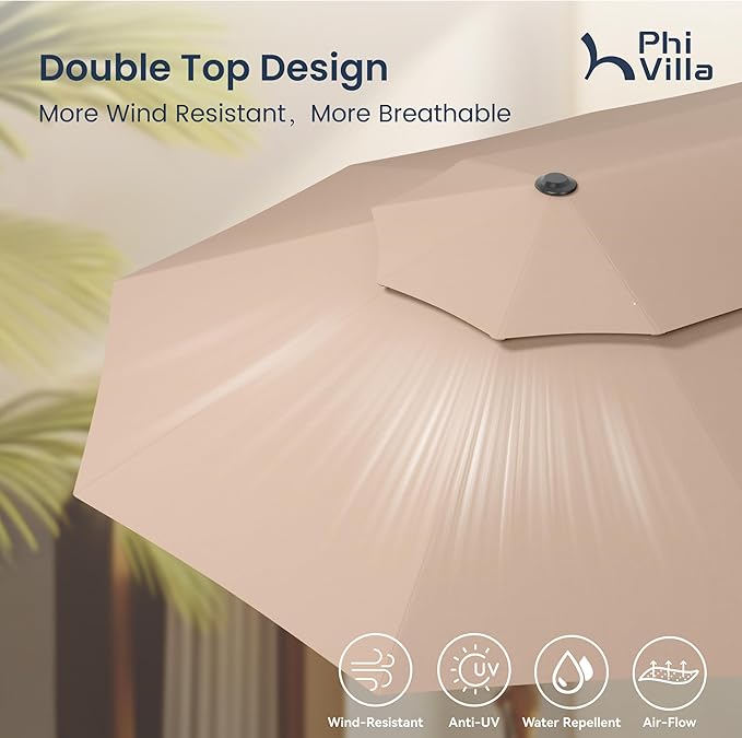 PHI VILLA 15ft Large Patio Umbrellas with Base Included, 2-Tier Outdoor Double-Sided Rectangle Market Umbrella with Stand, Outside Umbrellas for Poolside Lawn Backyard, Beige