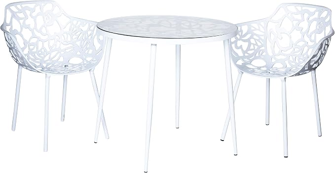 LeisureMod Devon Dining Table with Glass Top and Aluminum Base, Modern Bistro Table for Indoor and Outdoor Use (White)