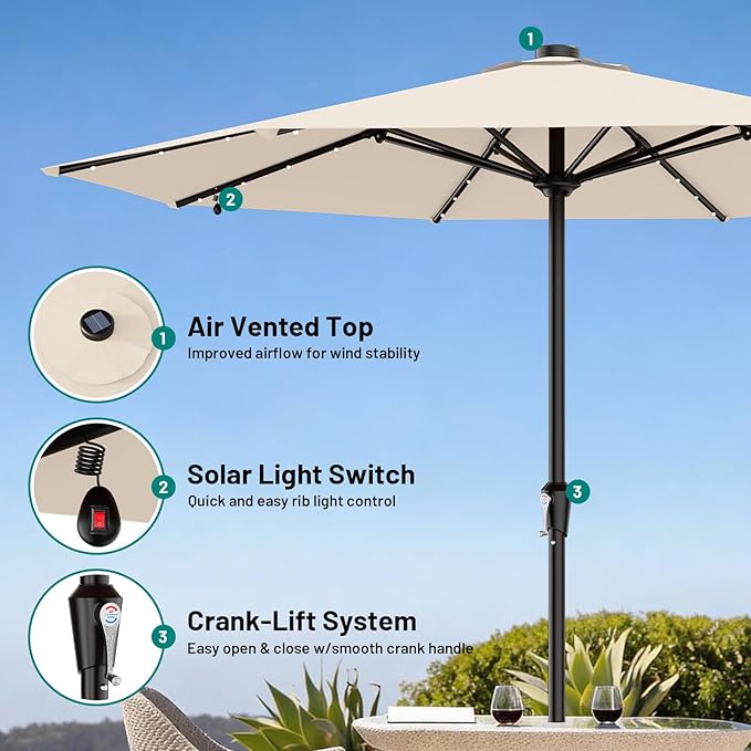 AreShark 11FT Large Patio Umbrella with Solar Lights, Lighted Solar Umbrella with Crank, Outdoor Table Market Umbrellas for Garden, Deck, Backyard, Pool and Beach, Cream-White