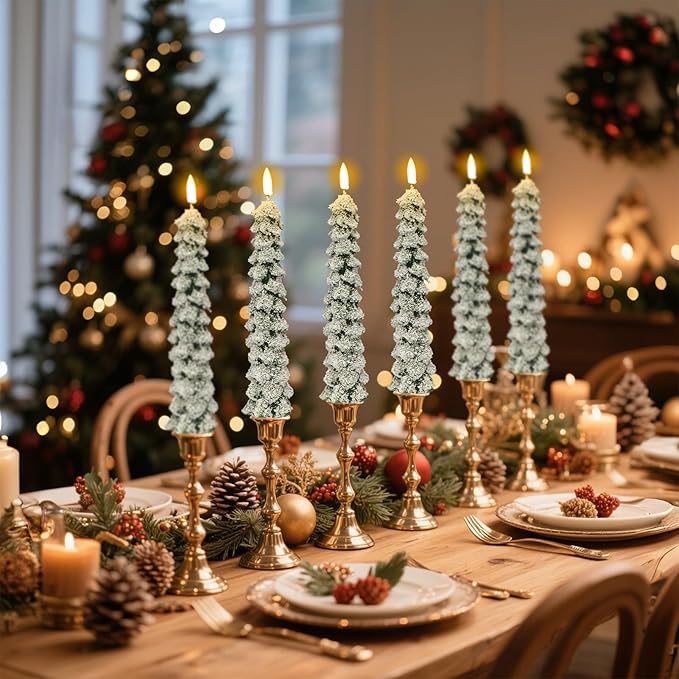 DRomance Christmas Tree Flameless Taper Candles with Remote Timer Battery Operated Flickering LED Candlesticks Real Wax Snowflake Glitters Holiday Indoor Decor(4 Pack, 0.78" D x 9.8" H)