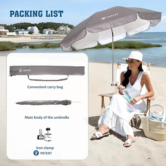 AMMSUN Chair Umbrella with Universal Clamp Adjustable 47 inches and 360° Swivel & UPF 50+ Protection Portable Sun Umbrella, Secure Clip on Camping/Beach Chairs, Stroller, Wheelchair, Golf cart, Lounger, Grey, 2 PACK