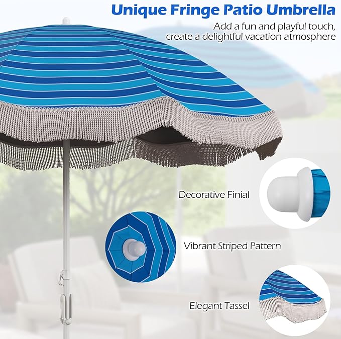 6.5 FT Outdoor Fringe Umbrella, UV 50+ Protection Boho Umbrella with Sand Anchor, Tilt Sun Shelter& 8 Ribs, Portable Beach Umbrella with Carry Bag, Vintage Patio Umbrella for Deck Poolside
