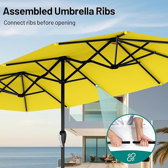 AreShark 15ft Patio Umbrella with Base, Double Sided Outdoor Umbrella with 12 Fiberglass Ribs, Large Outdoor Umbrella for Garden, Pool, Deck, Backyard & Market, Yellow