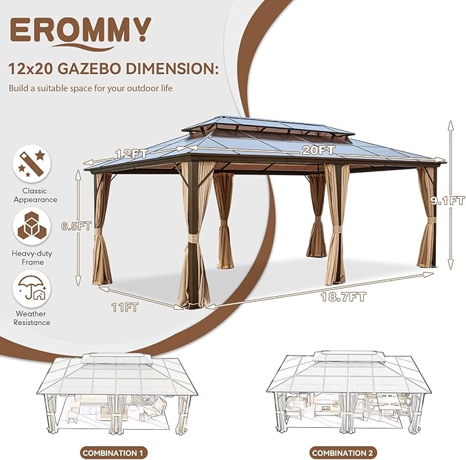 EROMMY 12'x20' Gazebo Polycarbonate Double Roof Canopy Outdoor Aluminum Frame Pergolas with Netting and Curtains for Garden Patio Lawns Parties