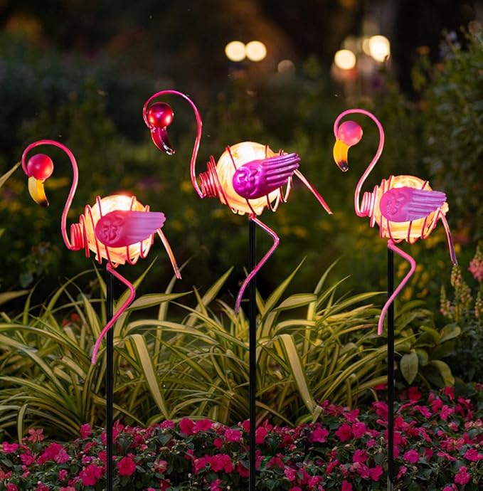 Stargarden 3 Pack Flamingo Solar Lights, Metal Garden Stakes Figurine Lights, Decorative Waterproof Yard Decorations for Pathway, Patio, Outdoor