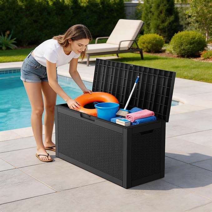 Mars Villa 60 Gallon Deck Box, Outdoor Storage Box Waterproof, Outside Resin Storage Bin for Outdoor Patio Furniture Cushion, Pool Supply, Garden Tool, UV-Resistant and Weatherproof, Rattan Black
