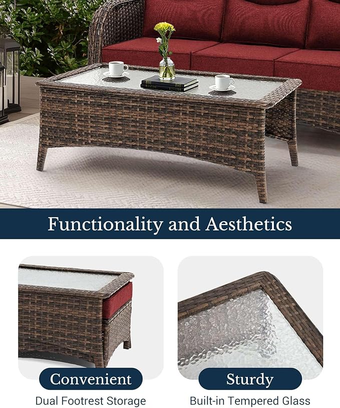 HILLGA Luxury Patio Furniture Set with 6-inch Thick Cushion, Outdoor Couch and High Back Swivel Rocker Patio Chairs, 7PCS Wicker Conversation Set for Deck Yard and Poolside, Burgundy (V2)
