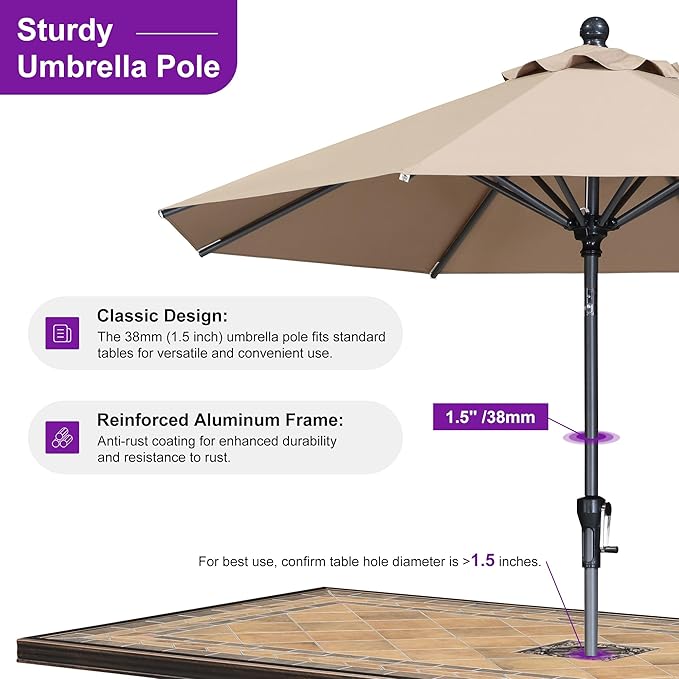 PURPLE LEAF 8' Round Patio Market Umbrella with Base Outdoor Table Umbrellas Aluminum Frame Sun Shade with 8 Sturdy Ribs Tilt for Garden Deck Lawn Pool Taupe