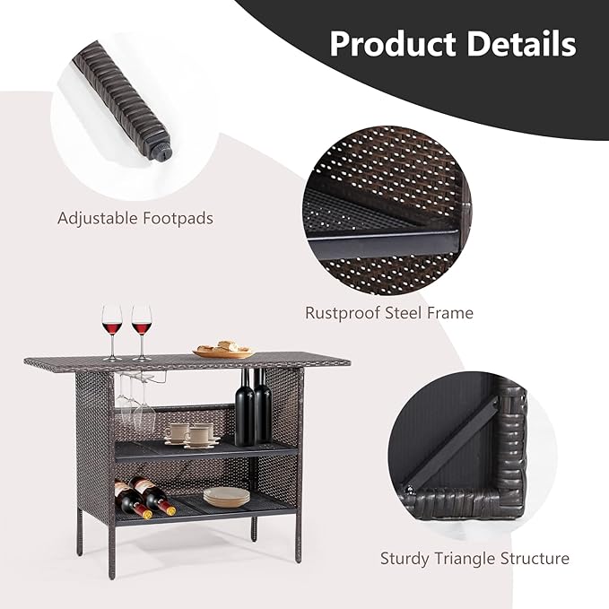 S AFSTAR Patio Rattan Bar Table, Outdoor Rattan Wicker Bar Counter Table with 2-Tier Metal Shelf & Steel Stemware Rack, Heavy-Duty Steel Frame, Waterproof Brown Rattan Table for Poolside, Backyard