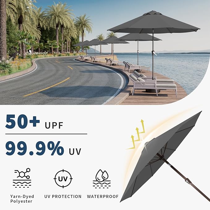 10FT Patio Umbrella Outdoor Market Umbrella with Crank and Tilt, 8 Flexible Fiberglass Ribs, UV-Resistant Waterproof Canopy for Patio, Deck, Garden, Backyard, Gray