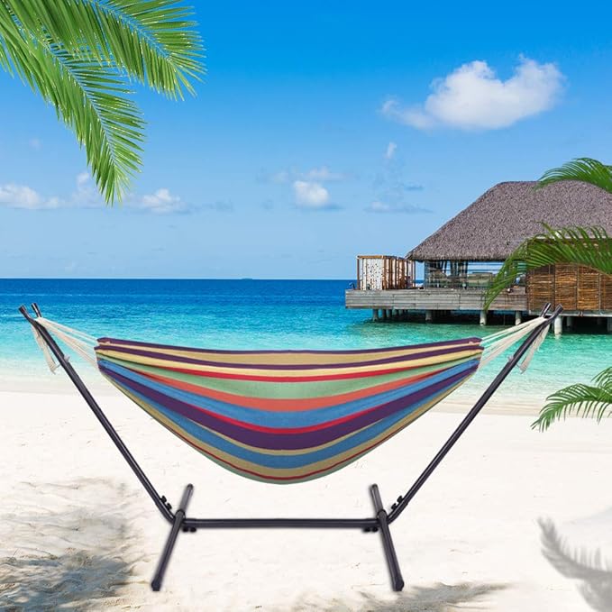 Portable Outdoor Polyester Hammock Set,Single Person Brazilian Hammock,Garden Cotton Hammocks,Indoor Swing Hammock Chair,with Stand & Carry Bag,for Outside Patio Porch Poolside Backyard (Rainbow)
