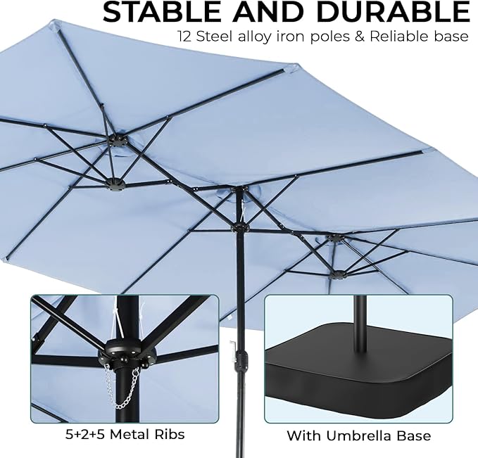 15ft Patio Umbrella with Base, 10-Year-No-Fade Large Outdoor Double-Sided Market Umbrella with UPF50+Terylene Polyester Fabric and Crank for Poolside Garden Deck Backyard Beach Pools