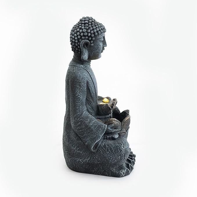 28" H Buddha Fountain Outdoor with Pump & LED Light, 2 Tier Zen Style Resin Buddha Water Fountains, Buddhas Floor Fountains Sculpture for Garden, Patio & Backyard, Gray