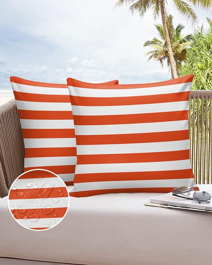 ALAGEO Outdoor Waterproof Pillow Covers for Patio Furniture Orange and White Stripes Decorative Throw Pillow Cover Solid Striped Pillowcases Set of 2 Cushion Case for Sofa Couch Chair 20 x 20 in