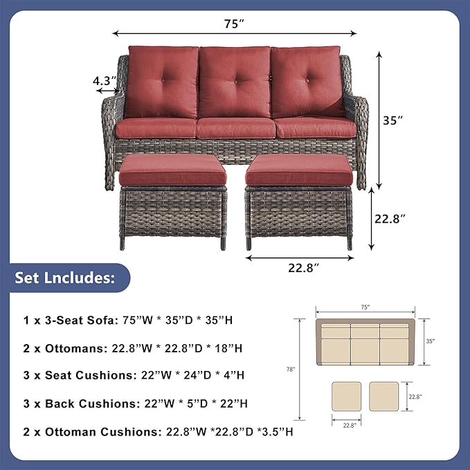 Rilyson 3 Piece Wicker Patio Furniture Set - Outdoor Rattan Patio Comversation Set with 1 Sofa and 2 Ottomans for Outside Porch Deck Garden(Mixed Grey/Red)