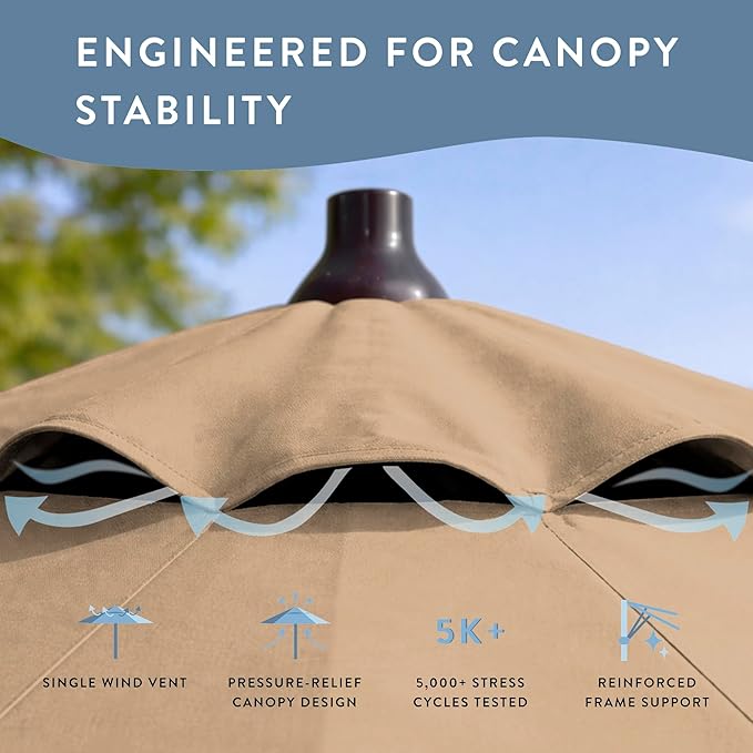 California Umbrella 8-Year Protection 9 Ft Outdoor Patio Umbrella, Solstice Fade-Resistant Fabric, Auto-Tilt, Heavy Duty Aluminum Frame, 8 Reinforced Ribs for Pool or Deck, Bronze Pole, Antique Beige