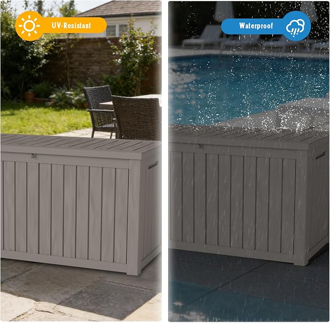 FEFLO 150 Gallon Outdoor Storage Box, Waterproof & Dustproof Resin Deck Box | UV-Resistant & Lockable Lid, Heavy-Duty Weatherproof Outside Storage Box for Patio Cushions, Garden Tools, Pool Accessories