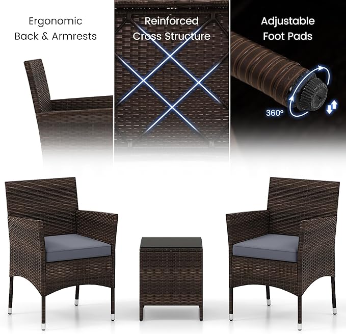 RELAX4LIFE 3-Piece Patio Furniture Set - Rattan Wicker Outdoor Conversation Set w/Cushions & Glass Coffee Table, Balcony Furniture for Porch Garden Backyard, Bistro Table and Chairs Set of 2 (Grey)