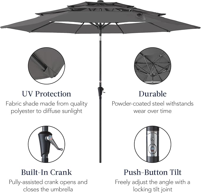 Best Choice Products 10ft 3-Tier Market Patio Umbrella, Outdoor Sun Shade with Tilt, Crank Lift, 8 Ribs for Backyard, Deck, Poolside
