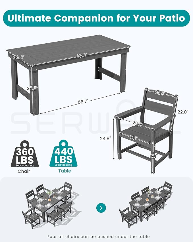 SERWALL Outdoor Dining Table Set, 67‘’ HDPE Patio Dining Set for 6, Outdoor Table and Chairs Set with 1.6-inch Umbrella Hole for Deck, Grey