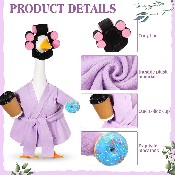 Shyyween 23 Inch Porch Goose Summer Outfit Light Purple Goose Bathrobe Statue Clothes Coffee Cup Curlers for Cement Plastic Lawn Geese Outdoor Garden Yard Patio Decoration